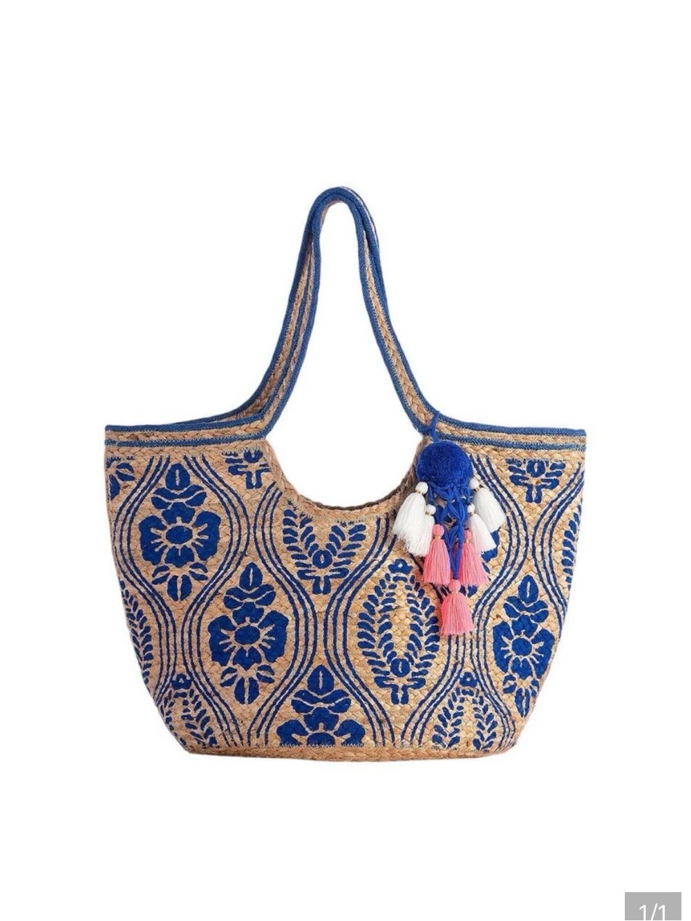 Shiraleah Blue Embroidered Jute Tote with Tassel Charm